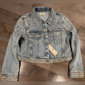 NWT Alice and Olivia Embellished Denim Blue Jean Jacket-XL